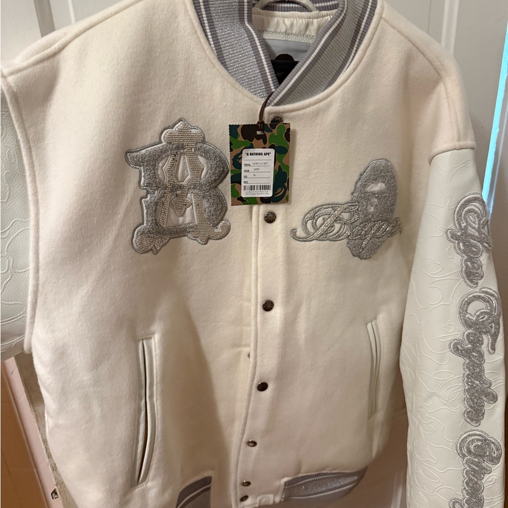 Bathing Ape Line Camo Multi Logo Wool Varsity Jacket -Mens XL -Ivory Color